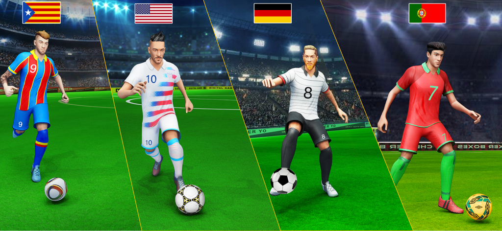 Play Soccer 2026 - Real Match - Four 3D soccer players representing different national teams including USA Germany and Portugal