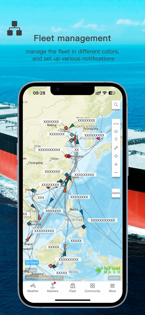 A smartphone displaying the hiFleet app with a map showing real-time ship locations and fleet management features