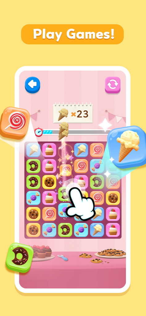 Bebefinn Baby Care - A matching puzzle game screen from Bebefinn Baby Care app featuring colorful treats like donuts and ice cream