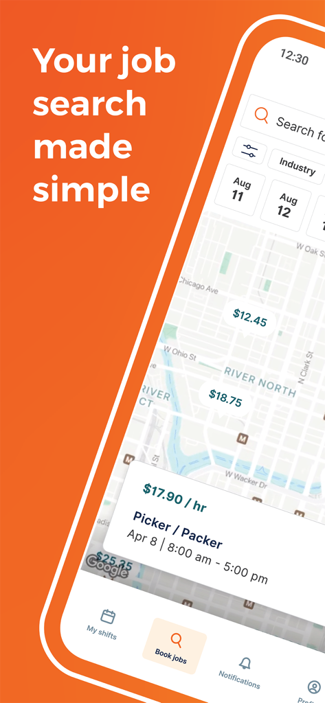 JobStack for Work: Daily Pay - JobStack app interface showing local gig work opportunities on a map with hourly pay rates