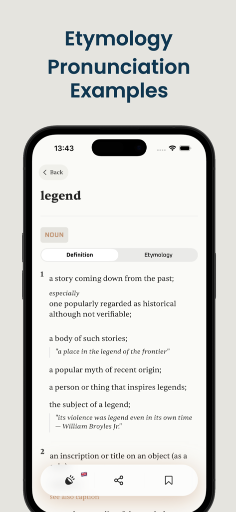 the English Dictionary - Una pantalla de definición de la palabra 'legend' en la aplicación English Dictionary que muestra etimología y ejemplos de uso