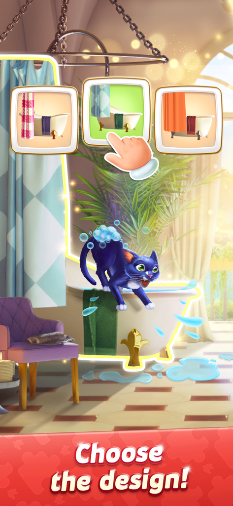 Puzzle Villa: Jigsaw Games - Eine Badezimmerrenovierungsszene in Puzzle Villa, in der der Spieler ein Wannendesign auswählt, während eine blaue Katze hineinspringt