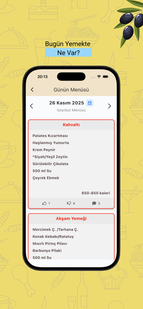Kykyemek - Yurt Yemek Menüleri - Kykyemek app interface showing daily breakfast and dinner menu for students in Istanbul