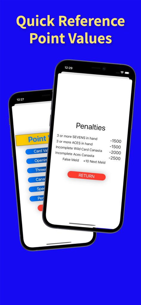 Canasta ScorePad - Canasta ScorePad app screenshot showing the quick reference guide for game penalties and point values.