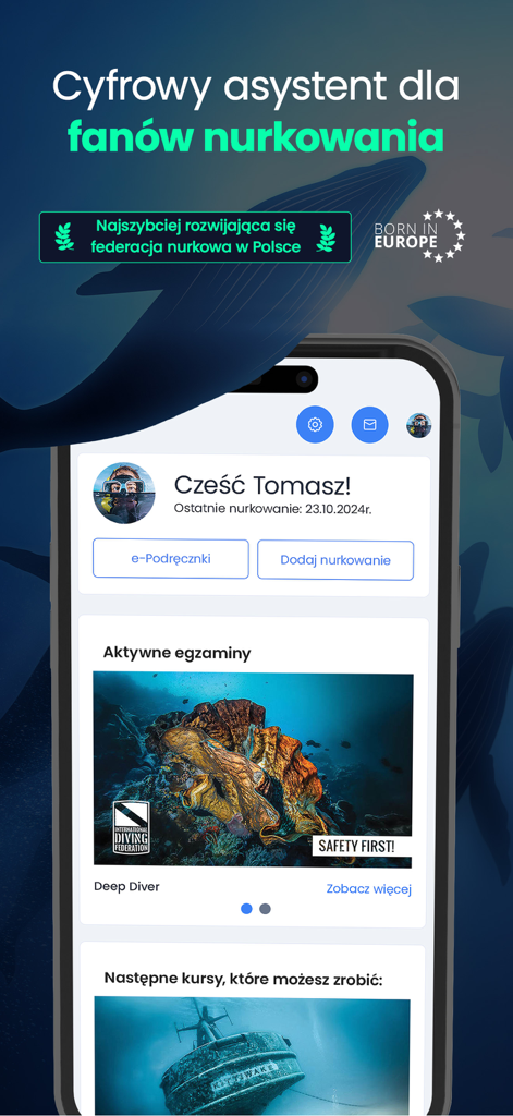 Interface of the IDF diving app showing user dashboard and scuba course information