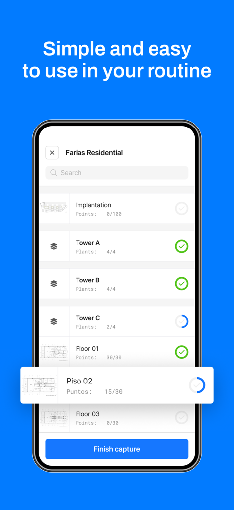 VISI (by Construct IN) - Mobile interface of VISI app displaying construction site progress tracking for towers and floors.