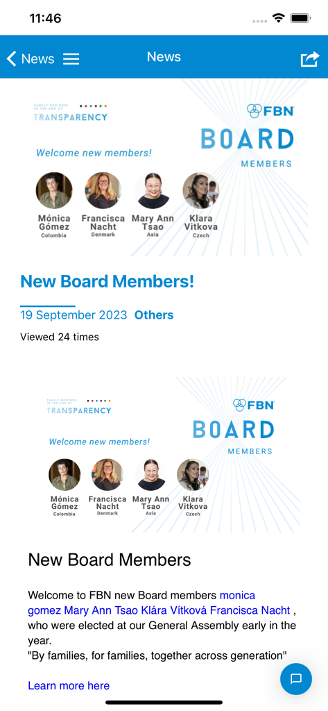 FBN Connect - FBN Connect news portal featuring a welcome announcement for new board members