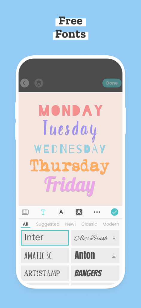 PicCollage EDU Collage Maker - PicCollage EDU app interface showing a variety of creative free fonts for classroom projects