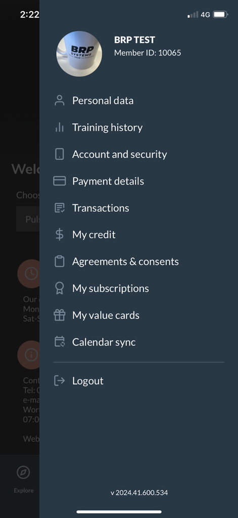 Pulse Club - Pulse Club app side menu showing account settings and membership options