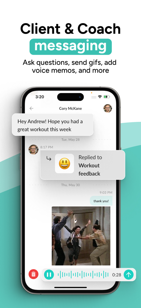 WeStrive - WeStrive app interface showing messaging between a personal trainer and client including voice memos and gifs