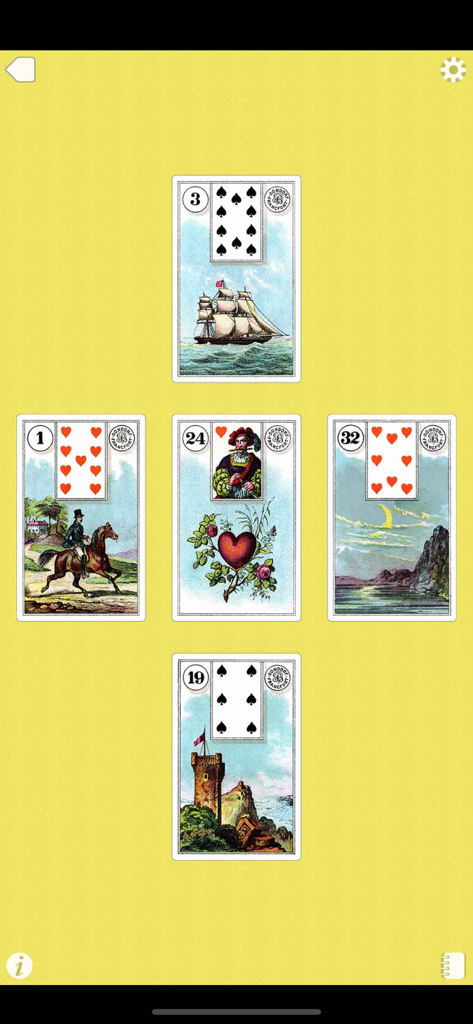 Lenormand! - Cinco cartas Lenormand dispuestas en una distribución de cruz para una lectura digital