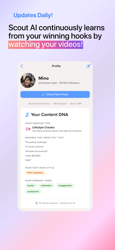 クリエイターのコンテンツDNAプロファイルと、個人的なライティングスタイルおよび勝利したトーンを表示するScout AIアプリ画面