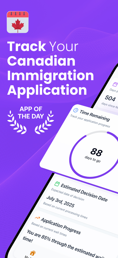 Canadian Immigration Tracker - Interface of the Canadian Immigration Tracker app showing an estimated decision date and progress countdown.