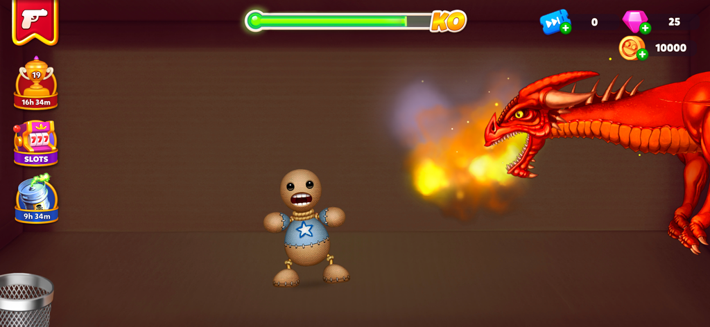 Kick the Buddy: Second Kick - 킥 더 버디 세컨드 킥 게임에서 불을 뿜는 용과 마주한 버디 인형