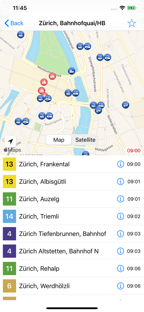 Swiss Public Transport App - Map of Zurich with transit icons and a list of upcoming departures for Swiss public transport