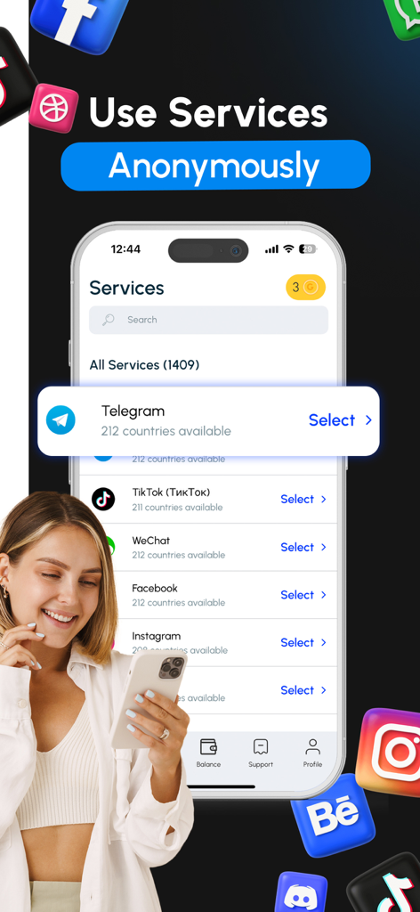 Interfaz de la aplicación móvil GetCode que muestra una lista de servicios de redes sociales disponibles para registro anónimo con un número virtual