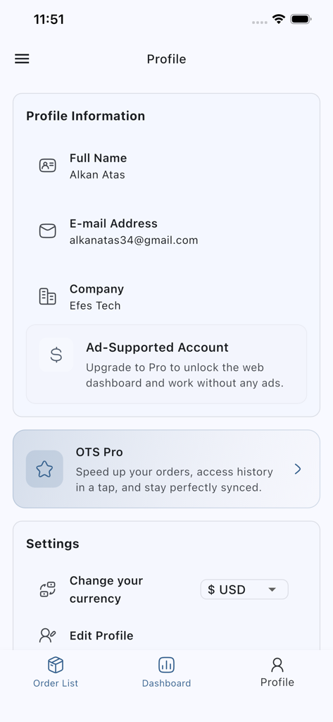 Order Tracking System - User profile interface of the Order Tracking System app showing account details and currency selection settings.