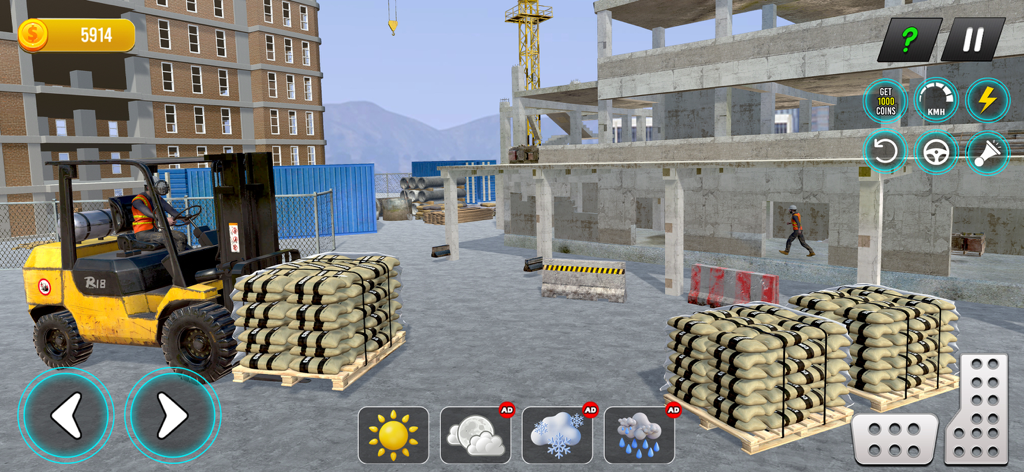 Construction Truck 2025 Sim 3D - Uma empilhadeira amarela transportando sacos de carga em um palete em um canteiro de obras 3D.