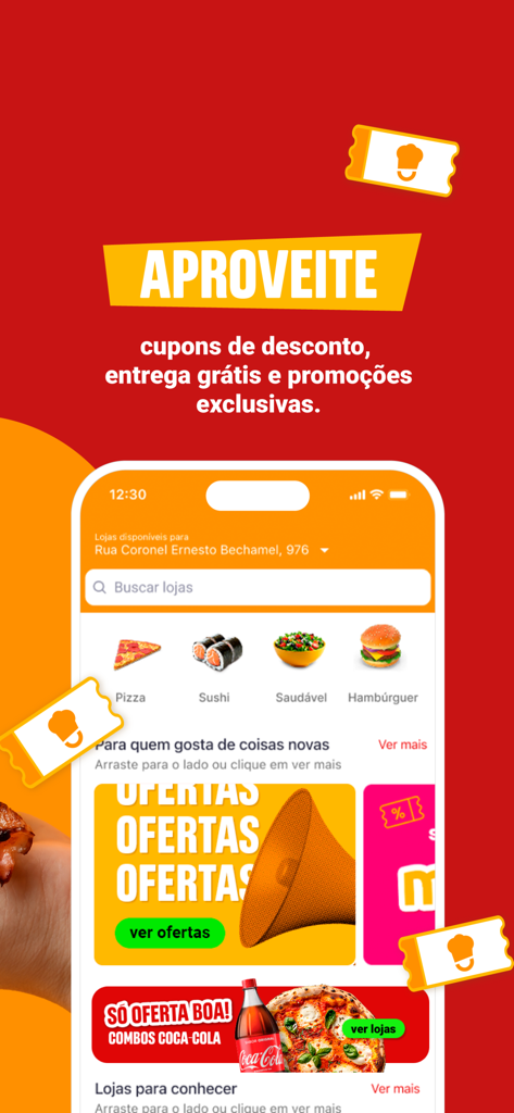 Delivery Much: Pedir Comida - Delivery Much アプリのインターフェース。ピザや寿司などの食品カテゴリと、プロモーション割引クーポンが表示されています。