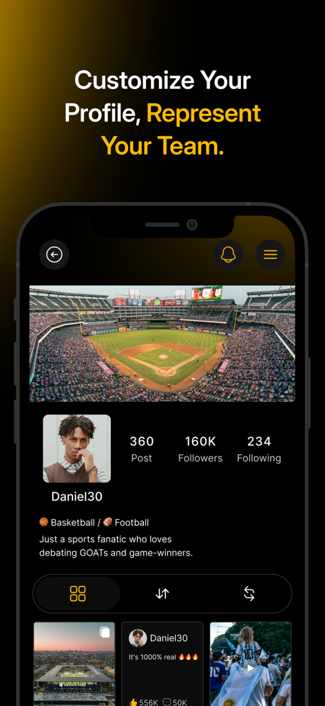 The LockerRoom App - A mobile screen showing a sports fan user profile on The LockerRoom App with follower counts and posts about basketball and football