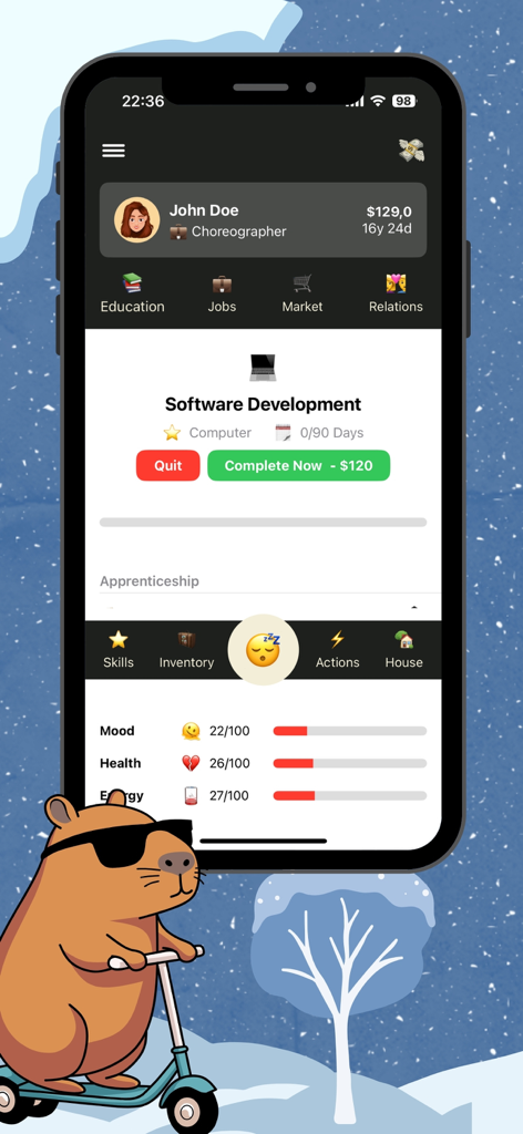 Real Life Simulator - A screenshot of the Real Life Simulator mobile app showing character stats and a software development education task.