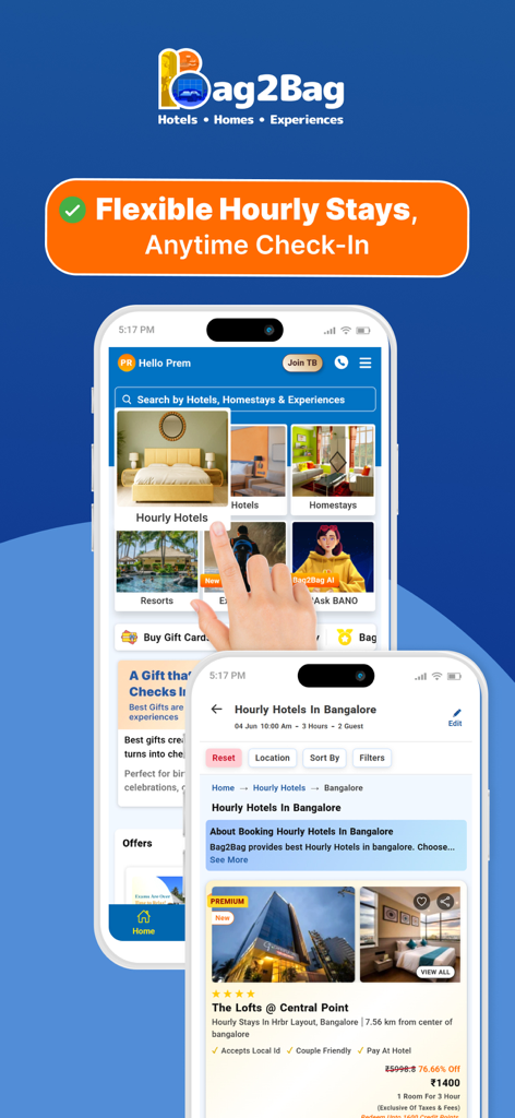 Bag2Bag 모바일 앱 인터페이스, 인도 내 유연한 시간제 호텔 숙박 및 언제든지 체크인 옵션 표시