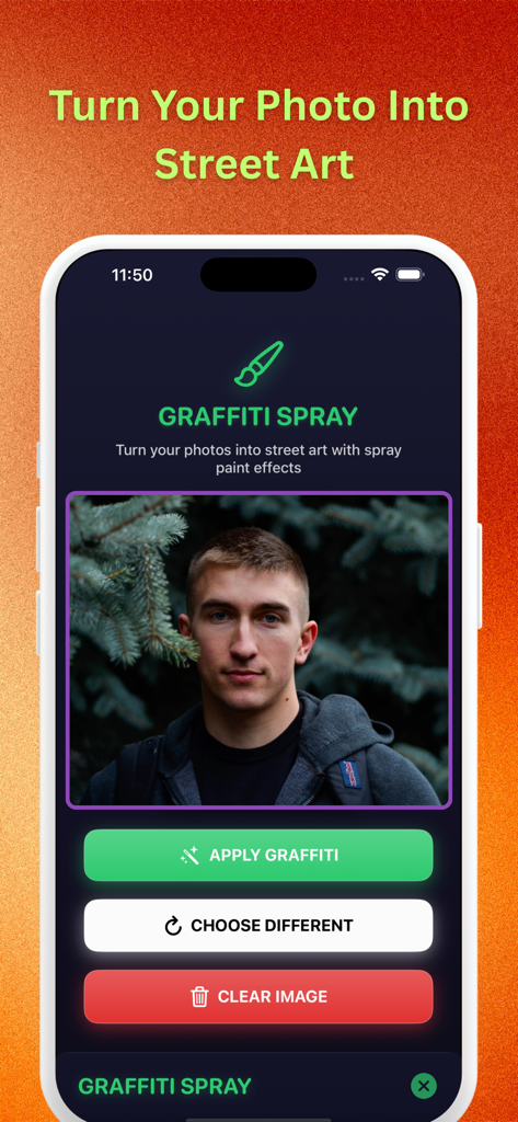 Beauty Photo Effect - Interface of Beauty Photo Effect app showing the graffiti spray filter to turn photos into street art