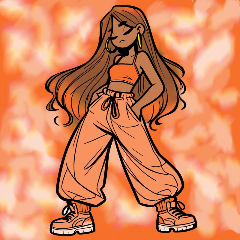 girl in baggy pants crop top and long hair