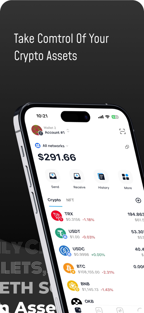 Digital Shield: Crypto Wallet - Panel de la aplicación de billetera de criptomonedas Digital Shield que muestra el saldo de la cuenta y la lista de criptomonedas