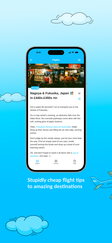 Interfaz de la aplicación Jack's Flight Club mostrando una oferta de vuelo barato a Nagoya y Fukuoka, Japón