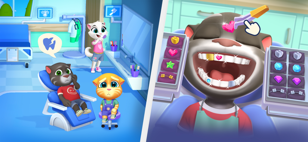 Talking Tom recibiendo gemas de corazón de colores en sus dientes durante un minijuego de visita al dentista.