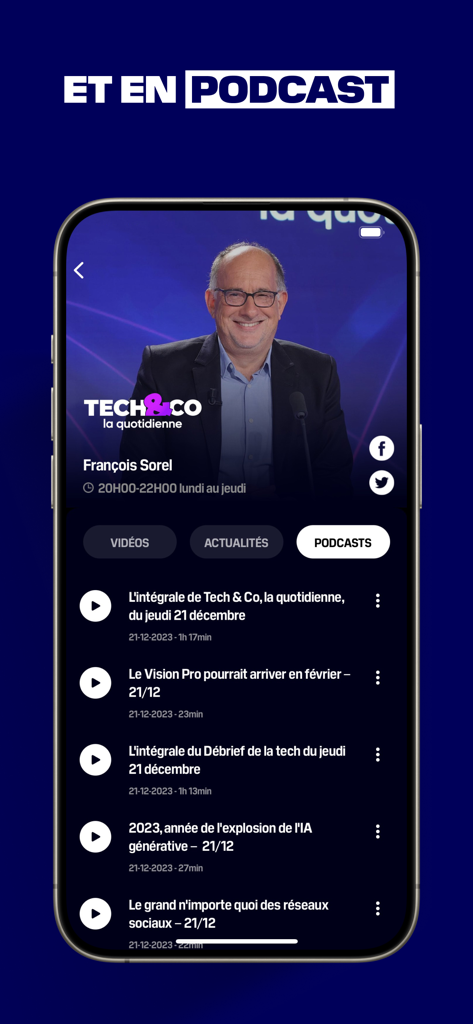 BFM Business: news éco, bourse - Interfaz de la aplicación BFM Business mostrando la lista de podcasts de Tech and Co con Francois Sorel
