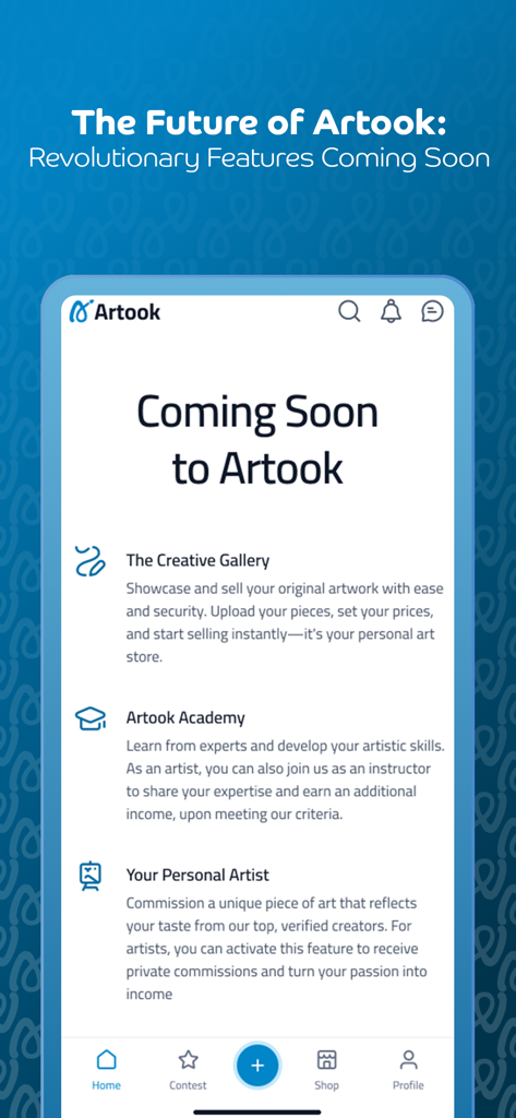 Artook - Artook app interface displaying upcoming features like The Creative Gallery, Artook Academy, and Personal Artist commissions.