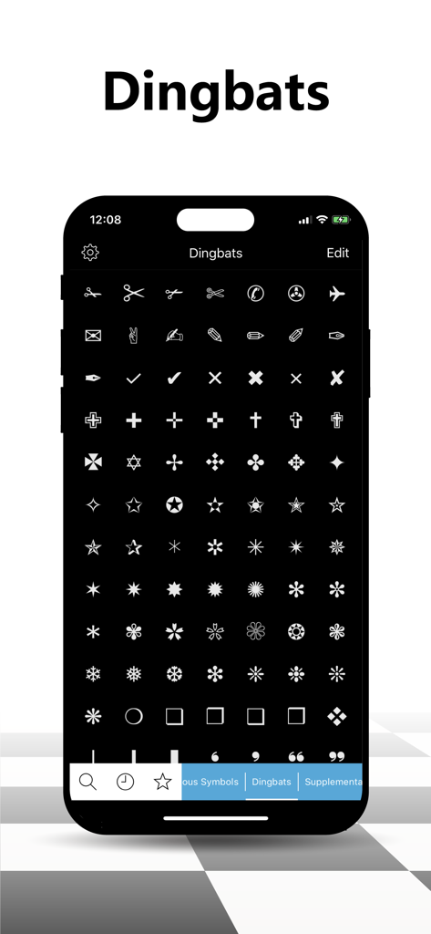 Symbol Keypad for Texting - A smartphone screen displaying a grid of white dingbat symbols like stars and crosses on a black background within the Symbol Keypad app.