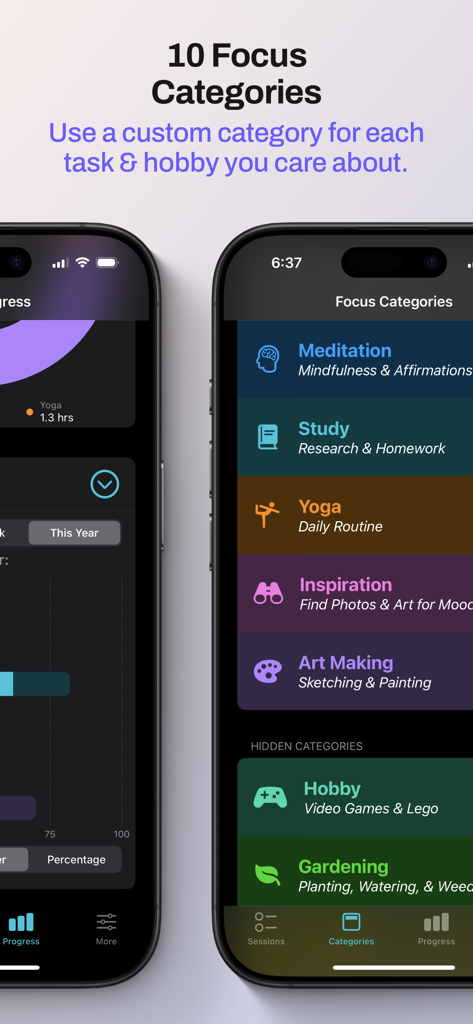 Focus Dial - Two iPhone screens displaying the Focus Dial app with various customizable focus categories like meditation and yoga alongside activity progress charts