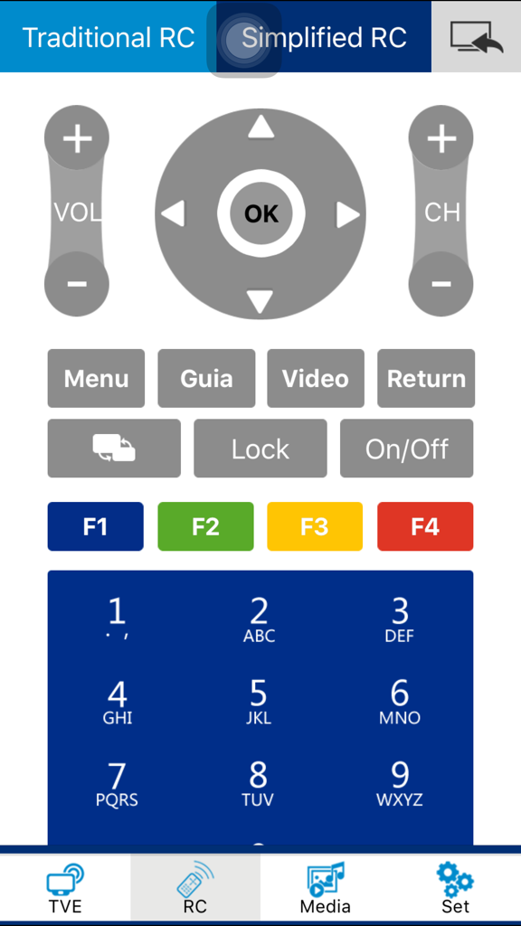 Virtual remote control interface in the Orbit Cable app with navigation and channel buttons.