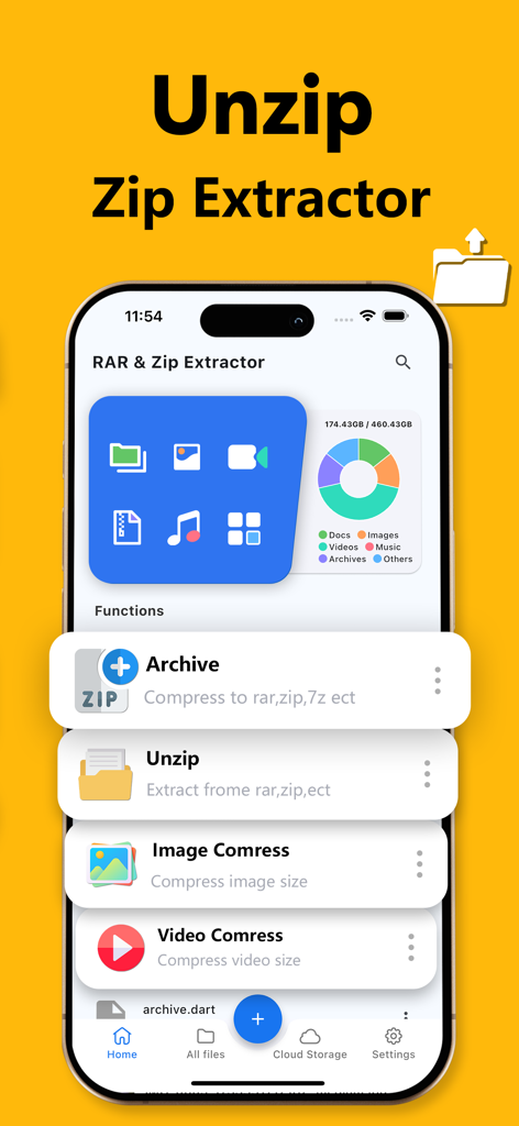 RAR & Zip Extractor - AS Unzip - Oberfläche der RAR- und Zip-Extrahierer-App, die Funktionen zur Dateikomprimierung, zum Entpacken und zur Speicheranalyse zeigt