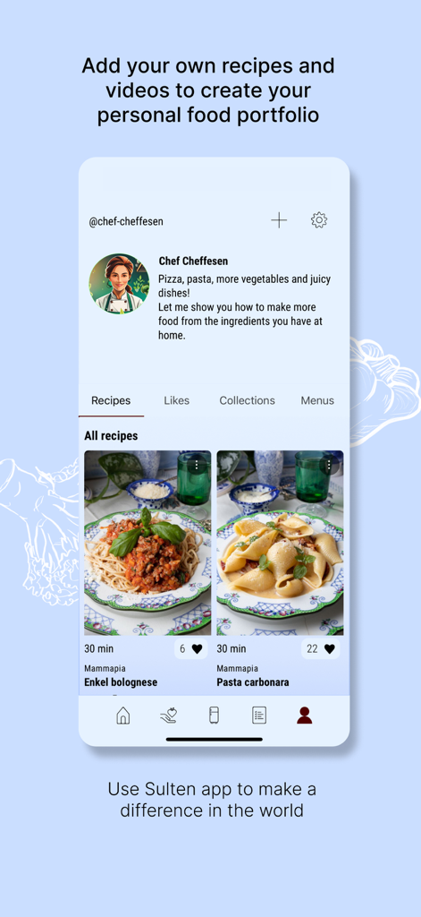 Sulten - User profile in the Sulten app showcasing a personal food portfolio with homemade recipes