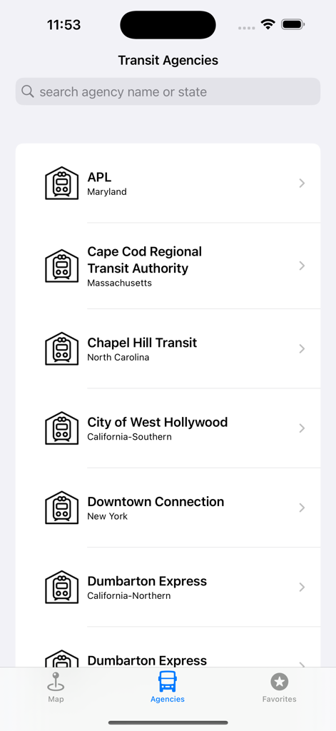 Uma lista pesquisável de agências de trânsito suportadas em vários estados na interface do aplicativo TrackMyBus.