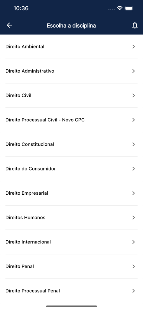 Aplicativos de Bolso para OAB - Interface do aplicativo mostrando uma lista de disciplinas de direito para estudo do exame da OAB