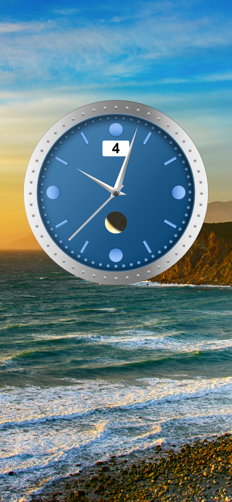 Cloki – Clock Widget - Blue analog Cloki widget with moon phase and date on a landscape background