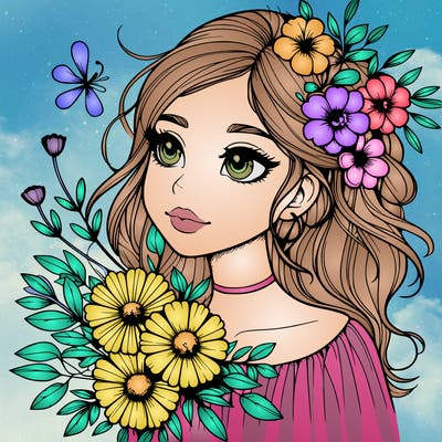 realistic girl with flowers