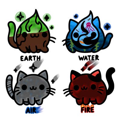 4 cats that represent the different elements, earth, water, air, and fire