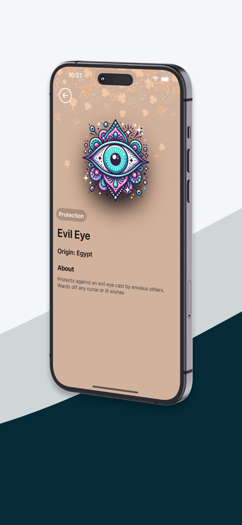 Screenshot of the Lucky Charms app showing the Evil Eye charm for protection with its origin and description.