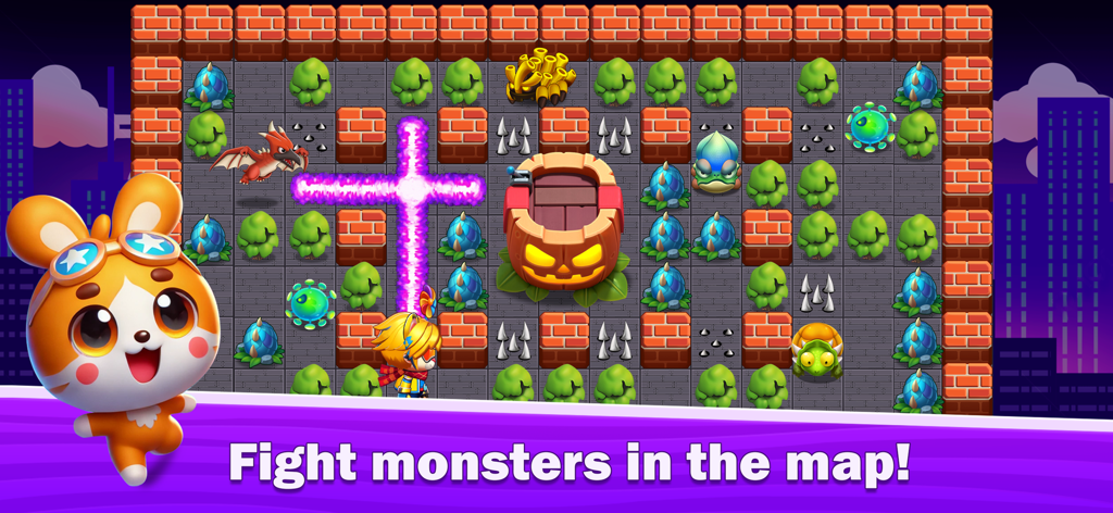 Bomber Classic- Bomberman - Gameplay screenshot of Bomber Classic showing the hero character fighting various monsters on a grid-based map with a bomb explosion.