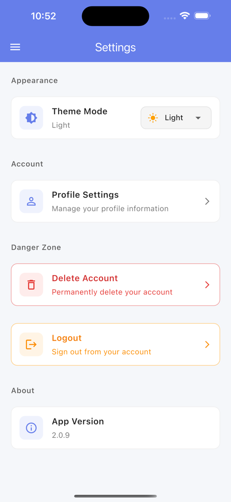 TeacherOn - TeacherOn app settings screen displaying account profile theme mode and logout options