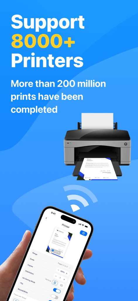 Smart Printer App showing wireless connection between iPhone and a printer with support for over 8000 printer models