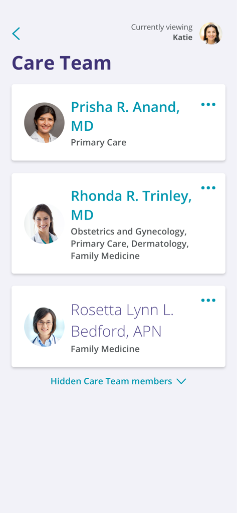 MyNM by Northwestern Medicine - The Care Team screen in the MyNM app showing a list of medical professionals and their specialties