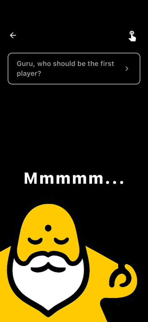 Interface of the Board Game Guru app showing a guru character helping to decide who starts the game.