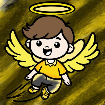 flying boy in midair with wings with halo above hood head